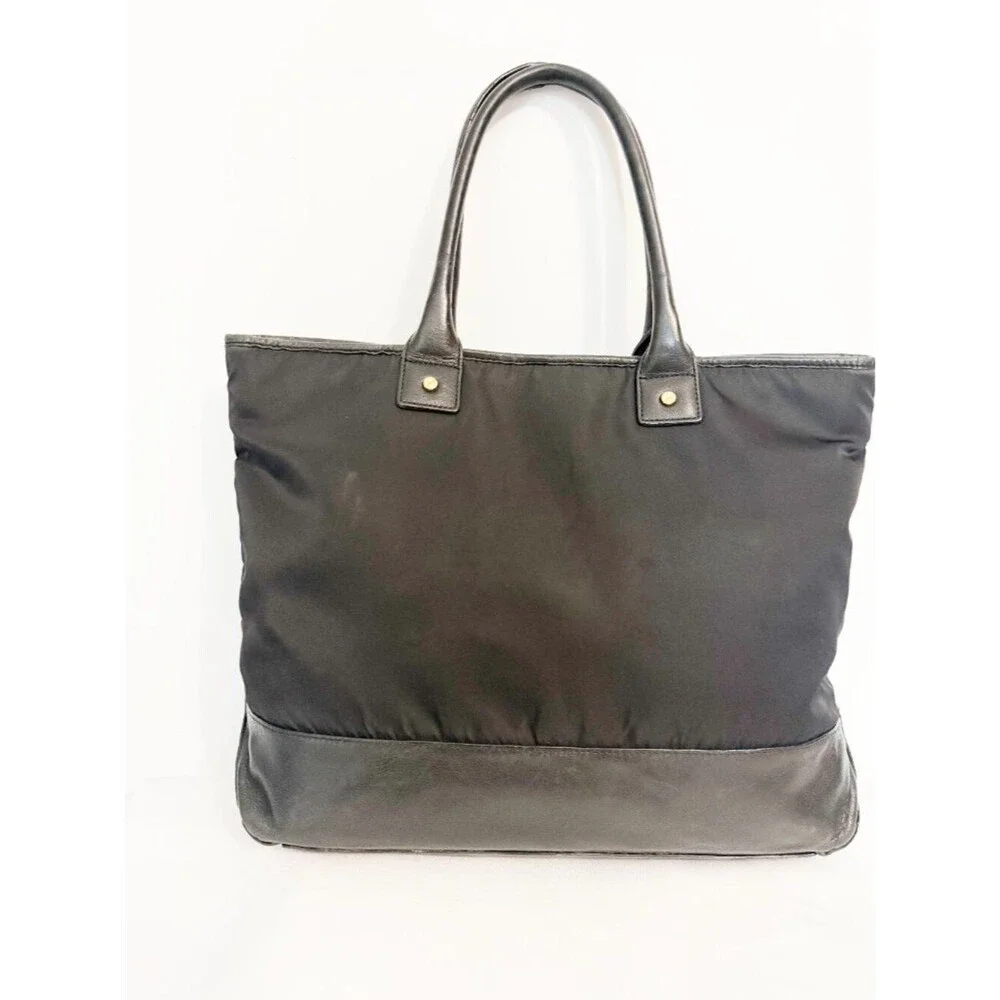 Tory Burch Black Slouchy Nylon Tote – Leather Trim, Striped Lining Description: